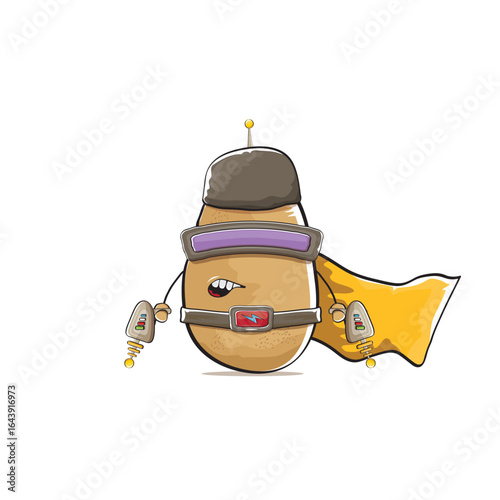 vector funny cartoon cute brown super hero potato with mask, orange hero cape and gun isolated on white background. My name is potato vector concept. Super hero funky vegetable food character