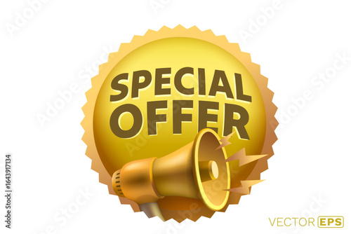 Golden Special Offer, megaphone message sticker. Vector illustration