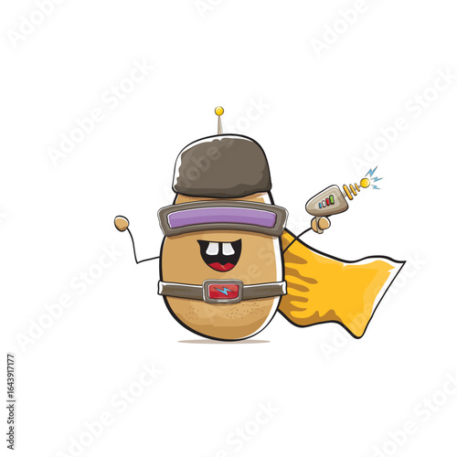 vector funny cartoon cute brown super hero potato with mask, orange hero cape and gun isolated on white background. My name is potato vector concept. Super hero funky vegetable food character