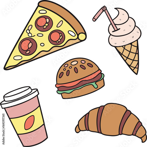 Fast food icons set with pizza burger sandwich cake and coffee illustrations