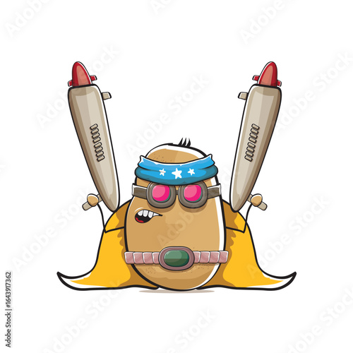 vector funny cartoon cute brown super hero potato with mask, orange hero cape and gun isolated on white background. My name is potato vector concept. Super hero funky vegetable food character