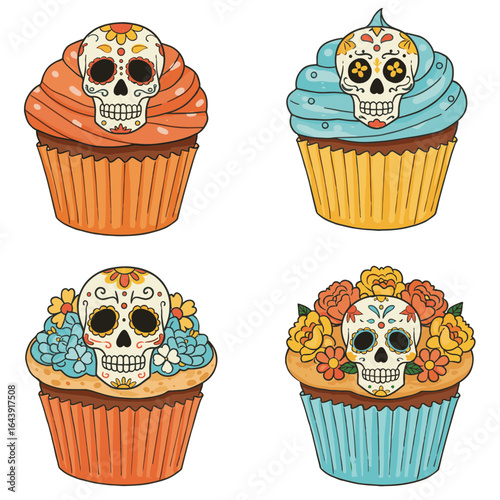Four cupcakes decorated with sugar skulls and flowers on transparent background