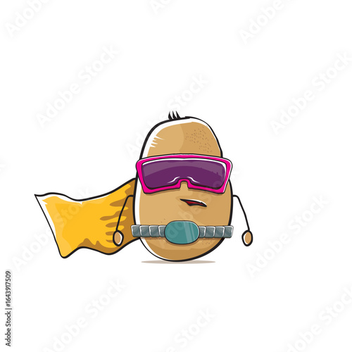 vector funny cartoon cute brown super hero potato with mask, orange hero cape and gun isolated on white background. My name is potato vector concept. Super hero funky vegetable food character