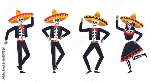 Illustration of four skeletons in mariachi outfits and sombreros on transparent background
