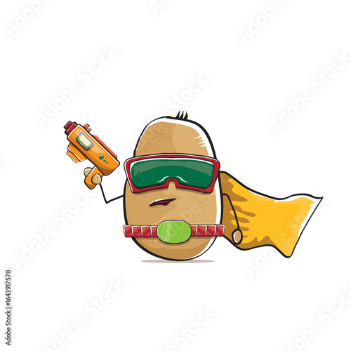 vector funny cartoon cute brown super hero potato with mask, orange hero cape and gun isolated on white background. My name is potato vector concept. Super hero funky vegetable food character