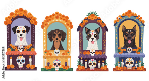 Four decorated dog altars with skulls and candles on transparent background