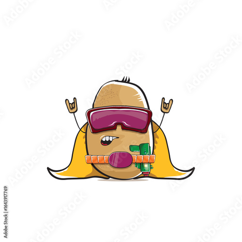 vector funny cartoon cute brown super hero potato with mask, orange hero cape and gun isolated on white background. My name is potato vector concept. Super hero funky vegetable food character