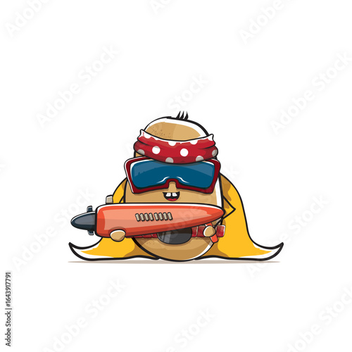 vector funny cartoon cute brown super hero potato with mask, orange hero cape and gun isolated on white background. My name is potato vector concept. Super hero funky vegetable food character