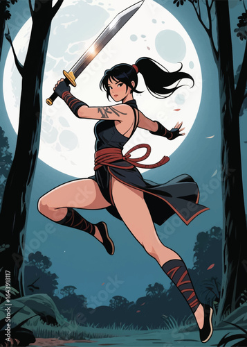 seductive samurai woman in the forest under the moon Illustrator Artwork design template poster