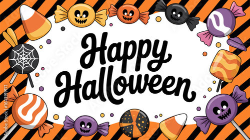 Happy halloween with spooky candy border and orange stripes