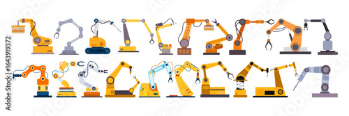 Industrial robotic arms and automation machinery illustration set