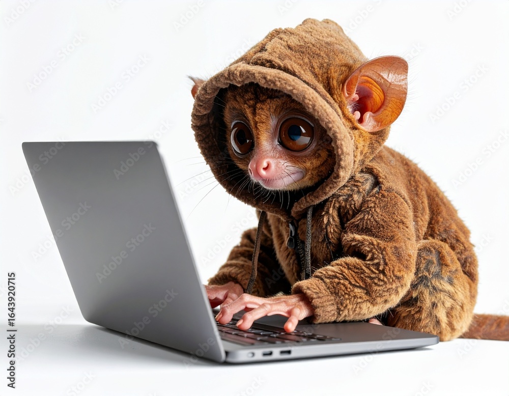 Fototapeta premium A tarsier primate wearing a hooded jacket, intently typing on a laptop computer against a plain white background.