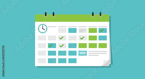 Modern flat calendar design with checkmarks and clock on teal background