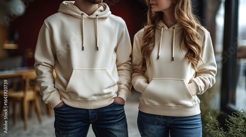 Couple posing wearing matching hoodies and jeans