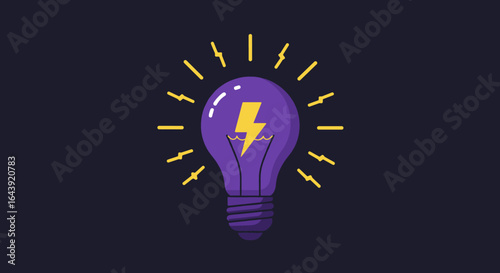Purple light bulb with yellow lightning bolt on dark background