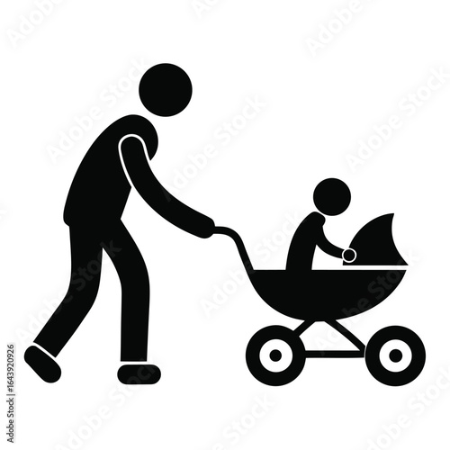 An elegant vector silhouette icon of a woman pushing a baby carriage, symbolizing family and motherhood