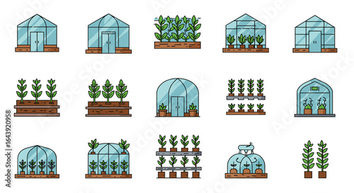 Collection of transparent greenhouse and potted plant icons in flat style