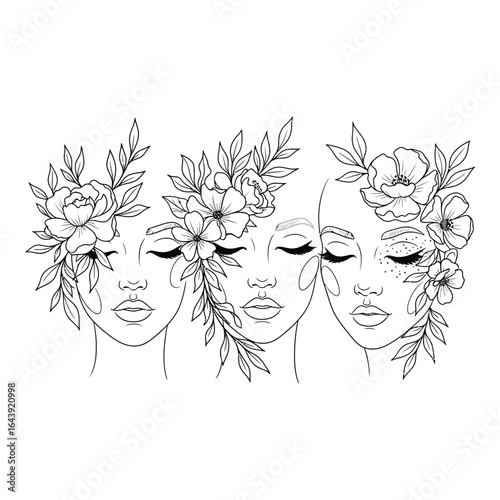 Vector art of three women faces with flowers in line art isolated on white background