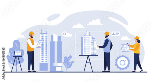 Architects collaborating on urban development project in modern office setting