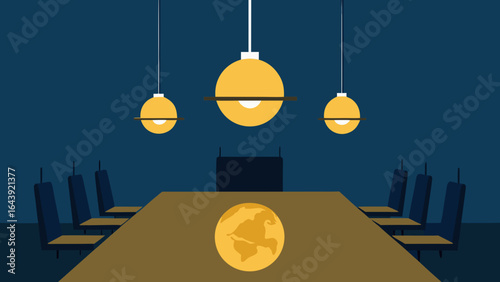 Boardroom with Suspended Gold Globe Lighting