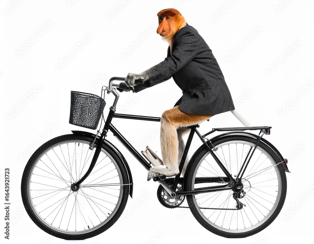 Naklejka premium A proboscis monkey wearing a business suit jacket and trousers actively pedals a black bicycle.