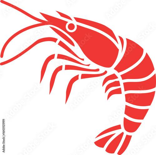 Stylized Red Shrimp Illustration with Curving Body and Long Antennae Depicting Seafood Cuisine in an Abstract Graphic Design