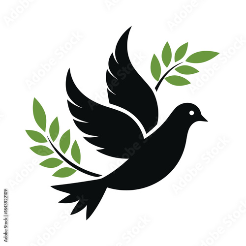 A stylized vector illustration of a peaceful dove flying with a green olive branch in its beak, a universal symbol of hope and freedom