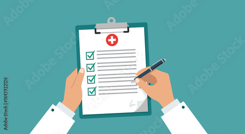 Healthcare checklist: doctor reviewing patient information on clipboard