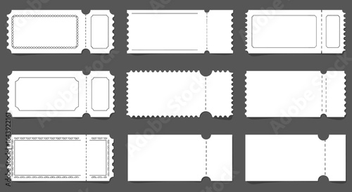 Blank ticket template set with perforated edges on gray background