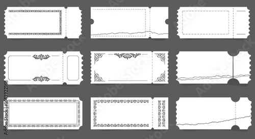 Elegant collection of blank tickets with decorative borders on dark background