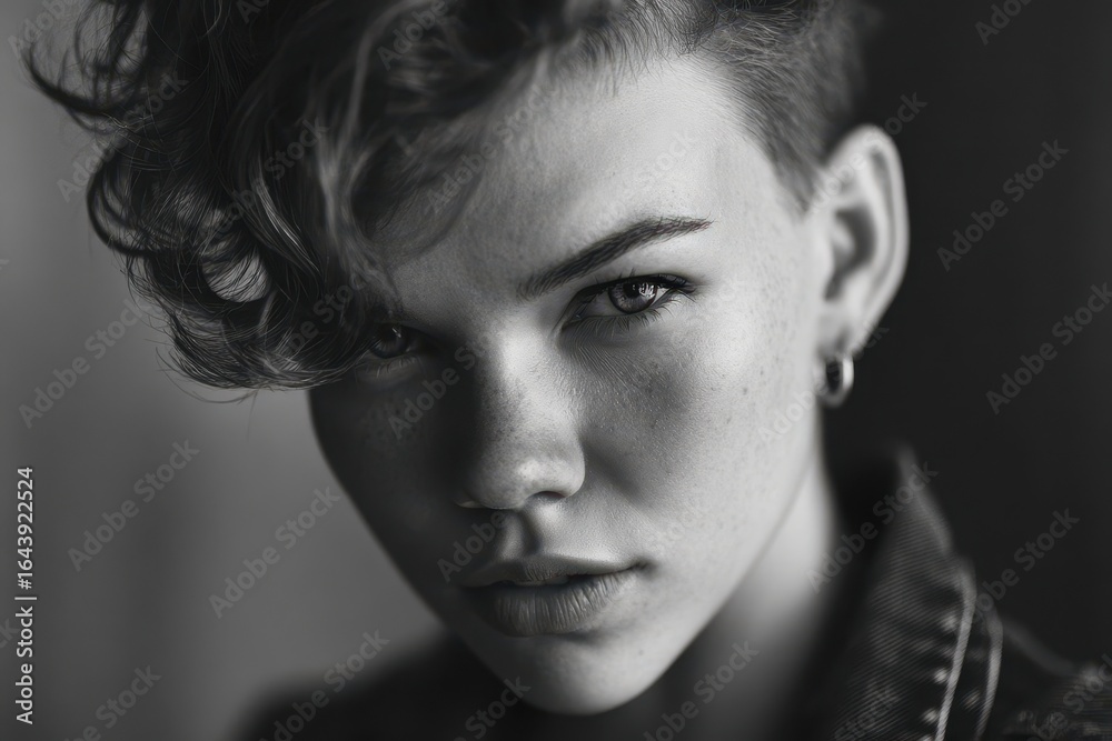 Portrait of a young person with short curly hair in black and white, capturing intense gaze and unique features Portrait of a young person with short curly hair in black and white, capturing intense gaze and unique features