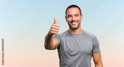 Happy smiling man giving thumbs up gesture outdoors in casual athletic wear enjoying positive mood and good weather for health fitness and wellness concepts