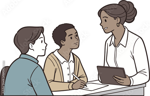 Parent Teacher Conference Illustration for Educational Use. School Meeting with Parents and Teachers Digital Artwork. Academic Consultation Scene Between Teacher and Parent. Education Discussion