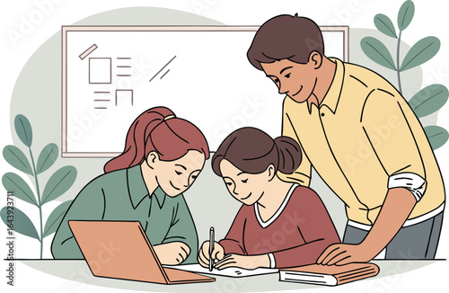 Parent Teacher Conference Illustration for Educational Use. School Meeting with Parents and Teachers Digital Artwork. Academic Consultation Scene Between Teacher and Parent. Education Discussion