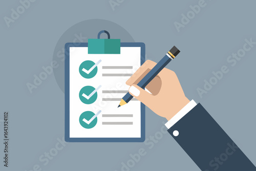 Hand with a pencil completing a checklist on a clipboard, Task management and productivity concept, Flat design vector illustration - Generative AI