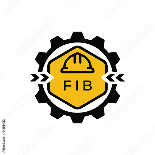 FIB Letter Logo. FIB Construction and Engineering Logo with Gear, Shield, and Safety Helmet Icon. FIB Industrial and Mechanical Company Branding Design. 
