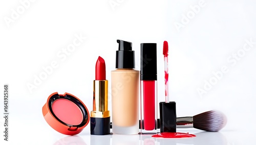 Red lipstick liquid gloss foundation blush compact and makeup brush on white background cosmetics beauty