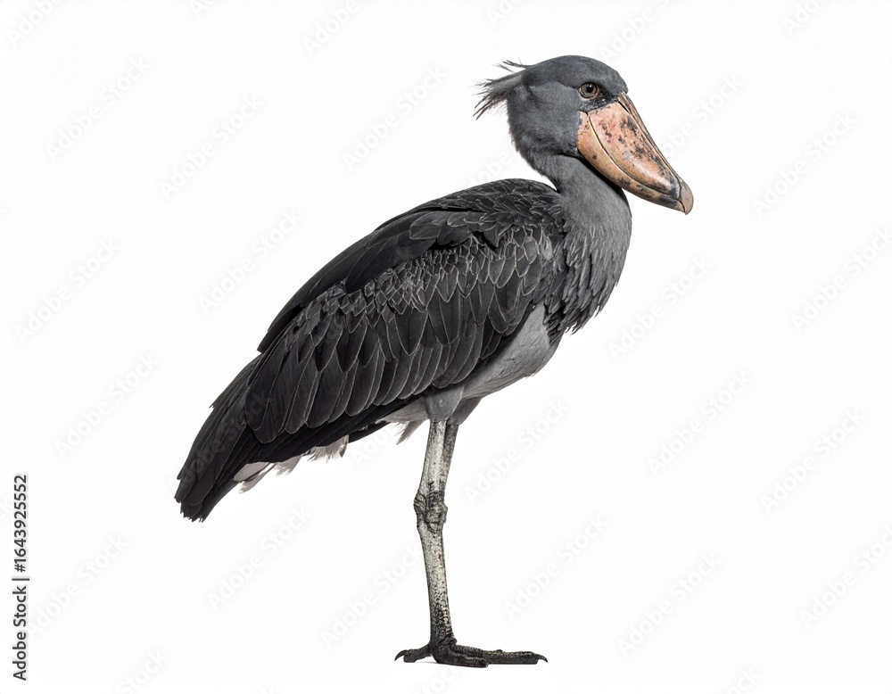 Obraz premium A solitary Shoebill stork stands gracefully, showcasing its unique avian features against a clean white backdrop.