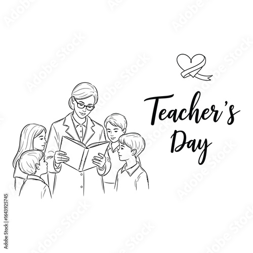 Vector art of teachers day with teacher reading book to students isolated on white background
