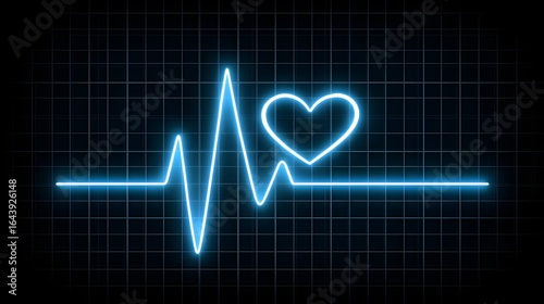 Neon blue heart superimposed on a heart rate monitor display.