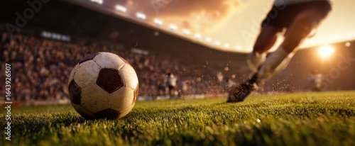 The soccer ball rolling on the grass during an exhilarating match at sunset.