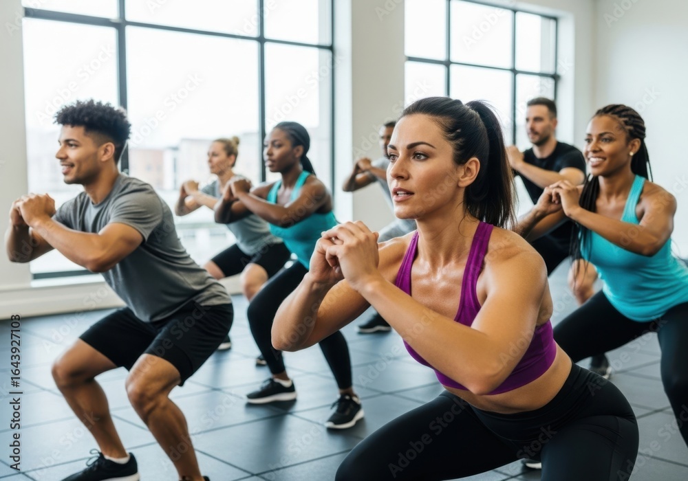 Fototapeta premium Diverse group of people performing squats in a brightly lit gym