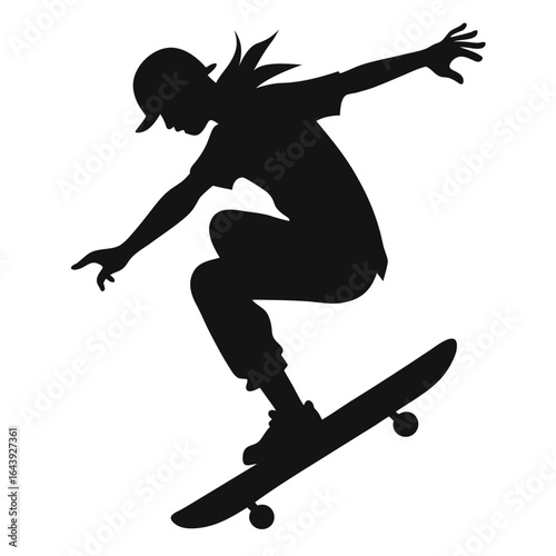 Silhouette of a jumping skateboarder in a vector illustration, a black action pose of a person in sport