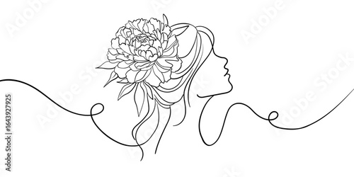 Peony flower in hair girl face, continious line drawing. Feminine beauty outline. Vector illustration