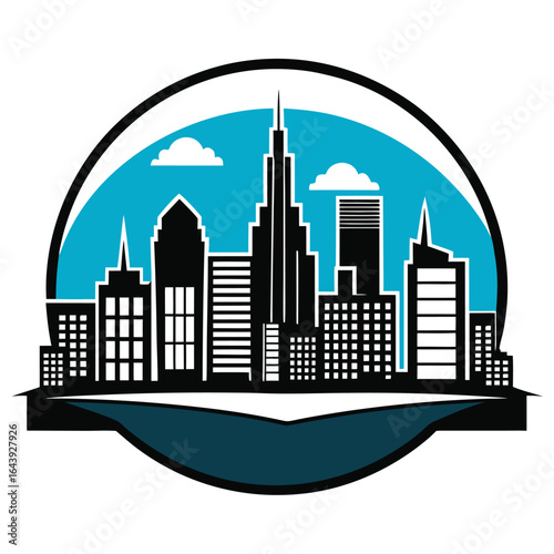 City skyline vector illustration with buildings and towers in urban cityscape at night