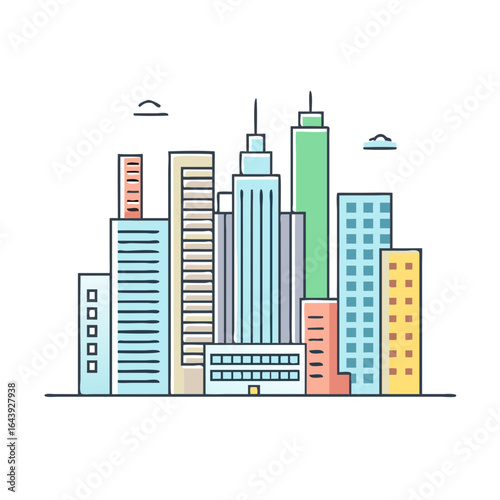 Colorful modern city skyline with flat design buildings and abstract elements