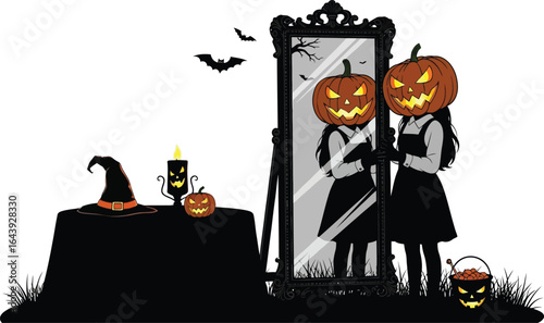 A girl with pumpkin head looking in the mirror on halloween isolated on white background