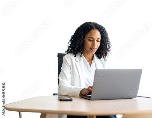 Firefly_3d Money Bag with dollar sign - Firefly_A woman uses a laptop, curly-haired in a white shirt isolated transparent background