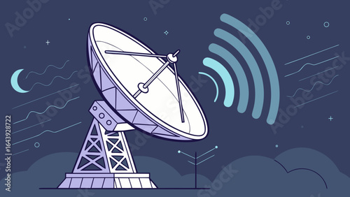 Satellite dish antenna vector illustration for communication and technology concept design at night time scene