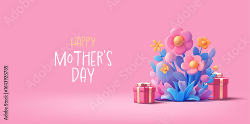 Gifts, blooming flowers, 3D. Pink banner for Happy Mother's Day greetings. Celebration, discounts, best gifts for Mom. Vector illustration.